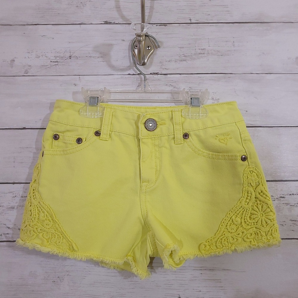 Justice Girls Yellow Denim Shorts Lace Crochet Trim Frayed Hem Size 10S Low Rise